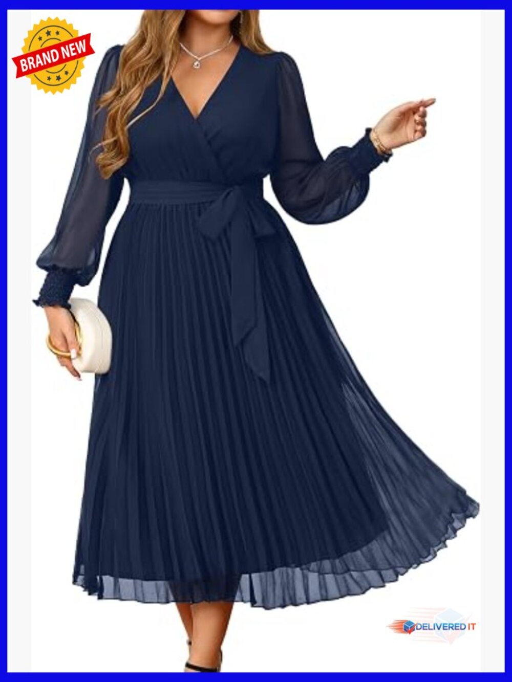 Plus Size Wrap V-Neck Pleated Chiffon Midi Dress Wedding Guest